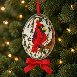 Embroidered Cardinal Hand-Painted Egg Ornament