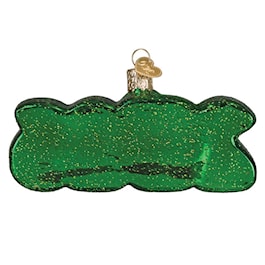 2026 Santa ornament showing green glittered body and gold cap with hanger