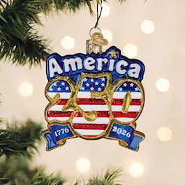Old World Christmas Spirit of '76 to '26 glass ornament, America 250 in red white and blue with gold outline