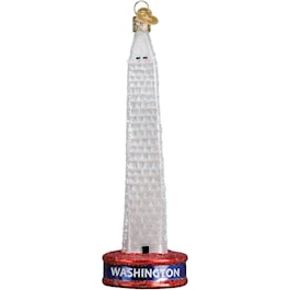 Old World Christmas Washington Monument glass ornament, front view on a white background