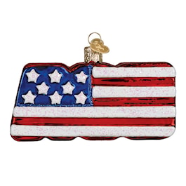 Old World Christmas USA glass ornament, reverse American flag side on a white background