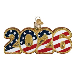Old World Christmas USA 2026 stars and stripes glass ornament on a white background