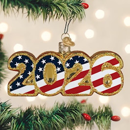 Old World Christmas USA 2026 glass ornament with 2026 numerals filled with stars and stripes