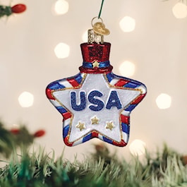 Old World Christmas USA Star glass ornament with red and white stripes, blue accents and glitter stars