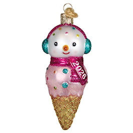 Old World Christmas 2026 snowman glass ornament, front view on a white background