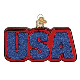 Old World Christmas USA lettering and flag glass ornament on a white background