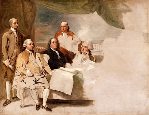 Benjamin West, unfinished oil sketch of the American peace commissioners, 1783. Winterthur Museum. Public domain via Wikimedia Commons.