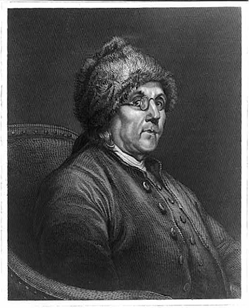 Benjamin Franklin, seated, wearing his fur cap and spectacles. Engraving dated about 1777, artist not recorded. Library of Congress Prints and Photographs Division, LC-USZ62-52484.