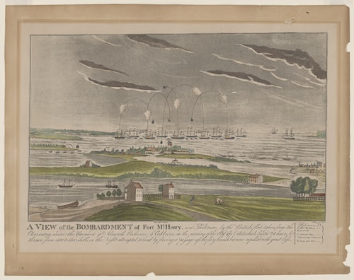 John Bower, A view of the bombardment of Fort McHenry near Baltimore, morning of Sept. 13, 1814. Library of Congress, LC-DIG-ppmsca-35544. No known restrictions on publication.