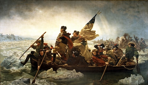 "Washington Crossing the Delaware" by Emanuel Leutze, 1851. The iconic painting of Washington's surprise Christmas 1776 crossing from Pennsylvania into New Jersey, six months after New Jersey authorized independence on June 21, 1776