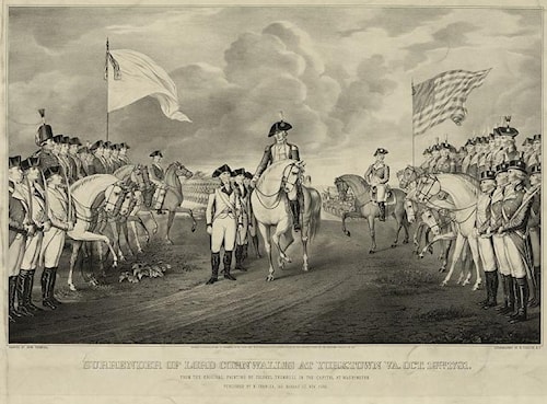 Surrender of Lord Cornwallis at Yorktown, Va., Oct. 19, 1781. N. Currier lithograph, 1852, after John Trumbull's painting in the U.S. Capitol. Library of Congress.