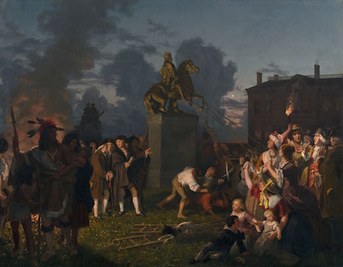 "Pulling Down the Statue of King George III" by Johannes Adam Simon Oertel, circa 1859. On the night of July 9, 1776, after the Declaration of Independence was read aloud to Washington's troops, a crowd in lower Manhattan tore down the gilded lead statue of the king and recast it into musket balls.