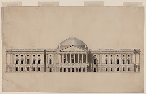 William Thornton’s ca. 1793 east elevation of the U.S. Capitol, low dome. Library of Congress, LC-DIG-ppmsca-07219. No known restrictions on publication.