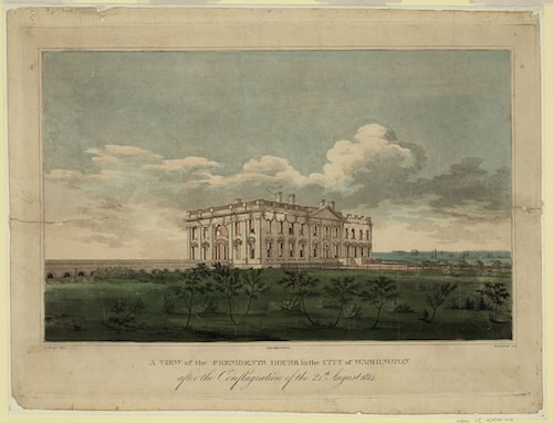 William Strickland after George Munger, A View of the Presidents House in the City of Washington after the Conflagration of the 24th August 1814. Aquatint, 1814. Library of Congress, no known restrictions on publication.