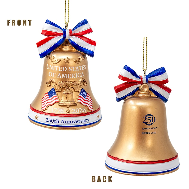 America 250th Anniversary Liberty Bell resin ornament with red, white and blue bow, 1776-2026 commemorative