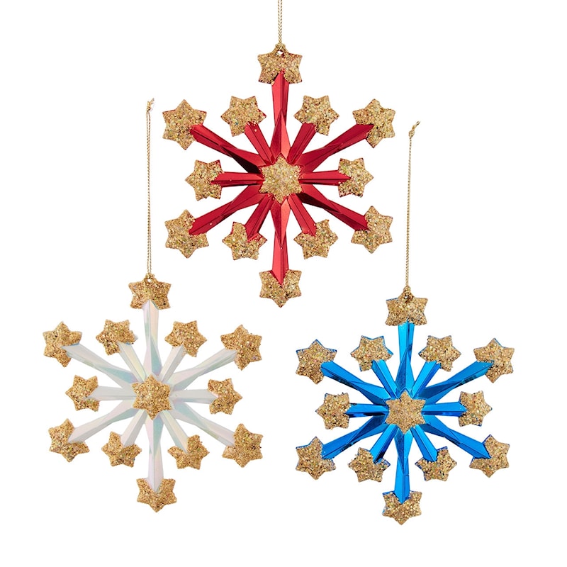 Set of 3 red white and blue fireworks snowflake ornaments with gold glitter