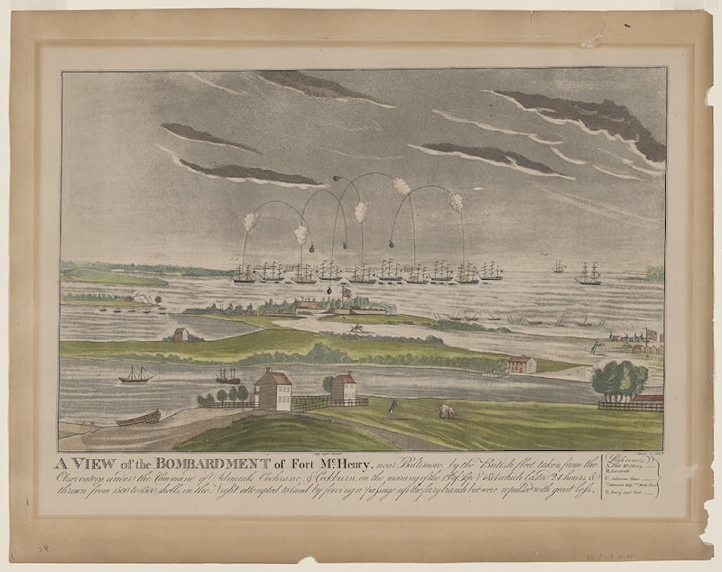John Bower, A view of the bombardment of Fort McHenry near Baltimore, morning of Sept. 13, 1814. Library of Congress, LC-DIG-ppmsca-35544. No known restrictions on publication.
