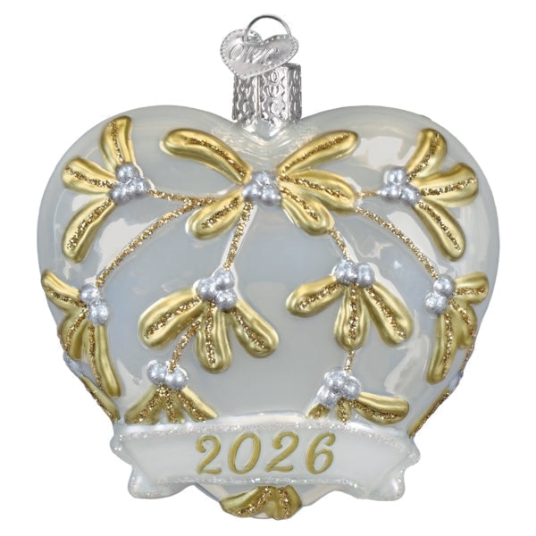Old World Christmas 2026 dated heart glass ornament with mistletoe design and gold detailing