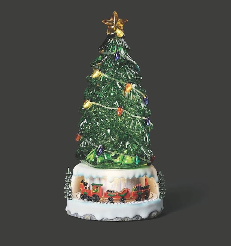 Lighted Swirl Green Tree with Rotating Train Base