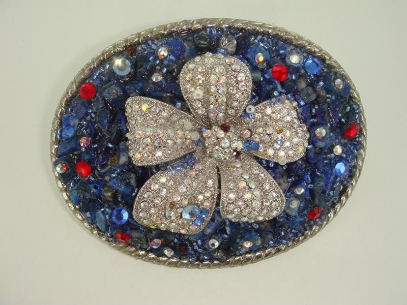 Jeweled Oval Belt Buckle w/ Clear Flower
