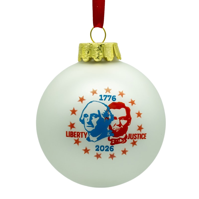 80mm white glass ball ornament with George Washington and Abraham Lincoln portraits, America 250th 1776-2026