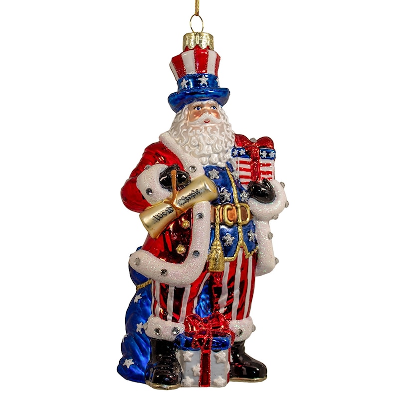 Bellissimo premium glass patriotic Santa ornament in red white and blue, 7 inch