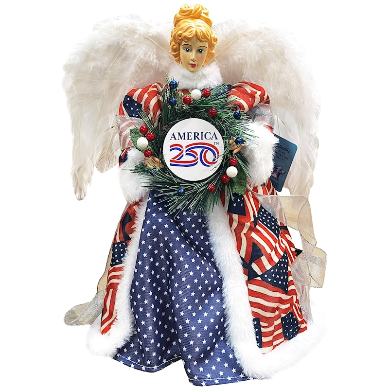 14-inch patriotic angel tree topper in a stars-and-stripes gown with feathered wings, holding an America 250 wreath