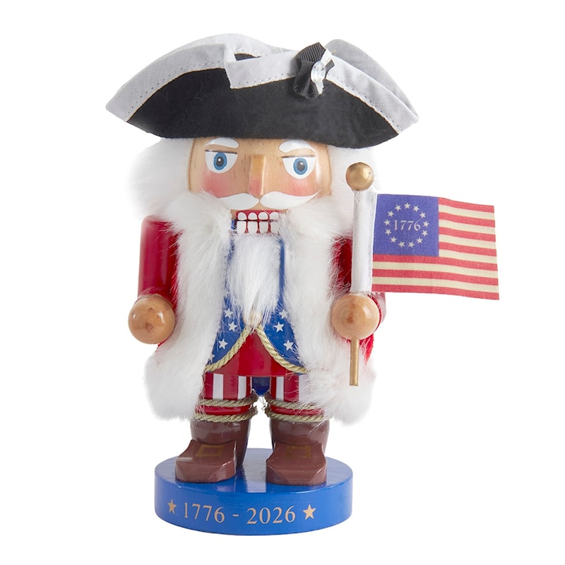 7 inch America 250th wooden nutcracker in red white and blue with gold accents, 1776-2026