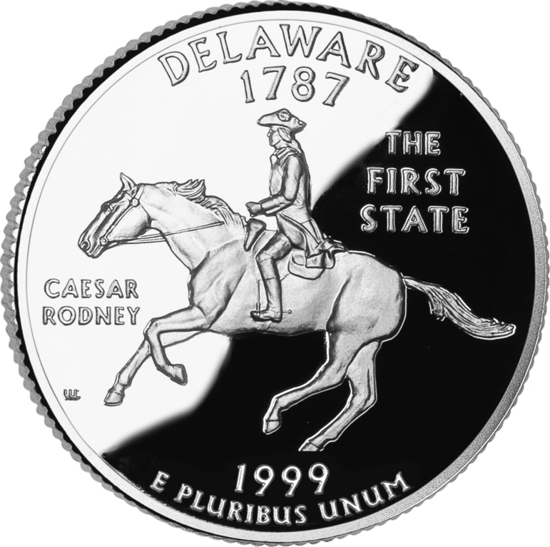 The Delaware state quarter depicts Caesar Rodney on horseback, commemorating his all-night ride through a thunderstorm on July 1 and 2, 1776, to cast Delaware's tiebreaking vote for independence in the Continental Congress