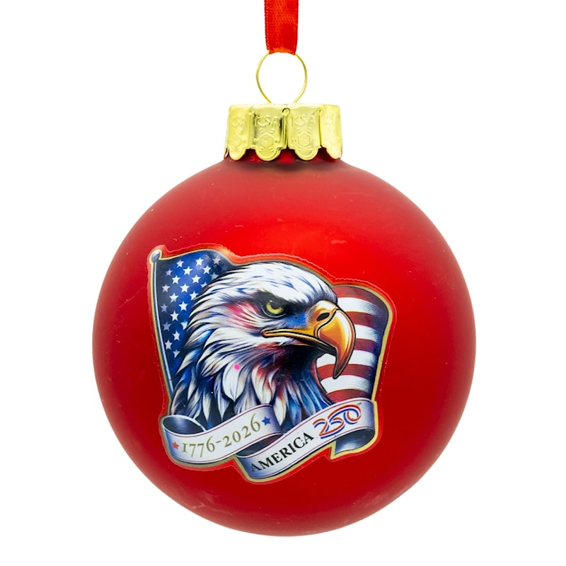 80mm red glass ball ornament with bald eagle head and American flag, America 250th 1776-2026