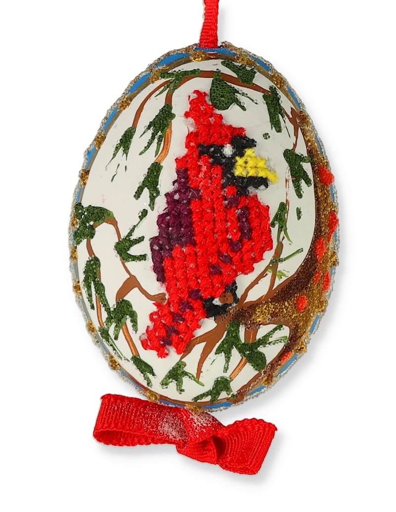 Embroidered Cardinal Hand-Painted Egg Ornament