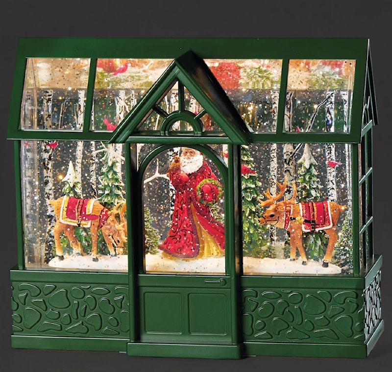 Greenhouse with Santa, Reindeer and Cardinal Snow Globe