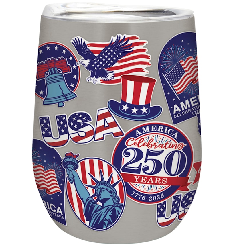 "250 Years Sticker look" 12 Oz. Stemless Wine Tumbler