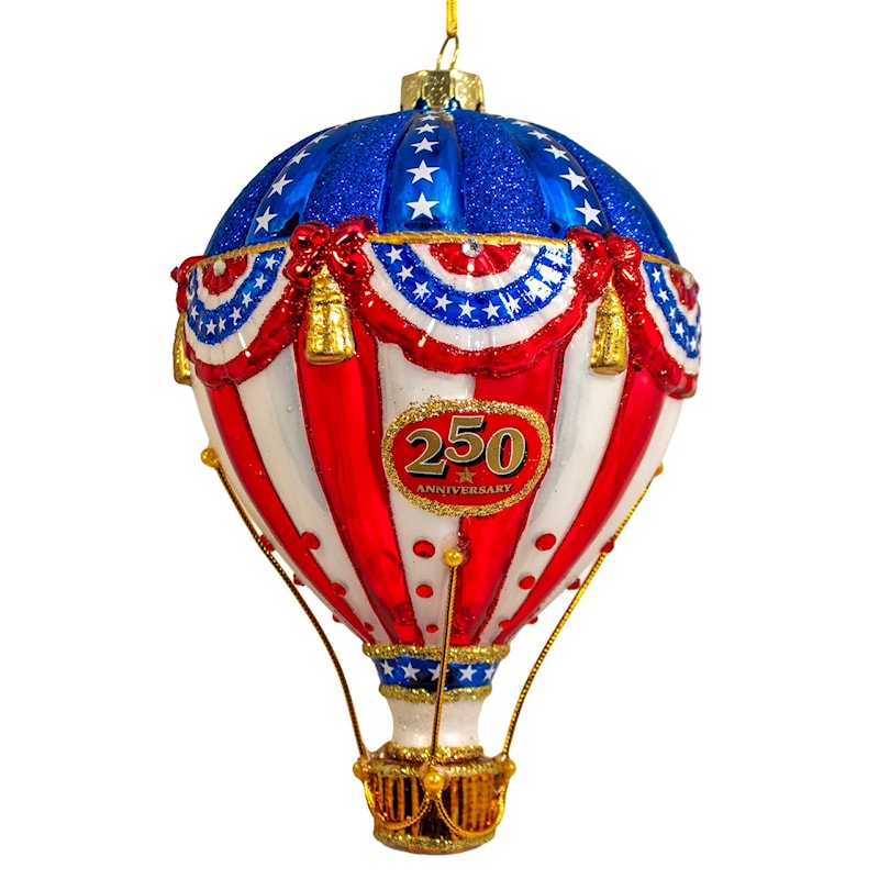 Bellissimo premium glass red white and blue hot air balloon ornament