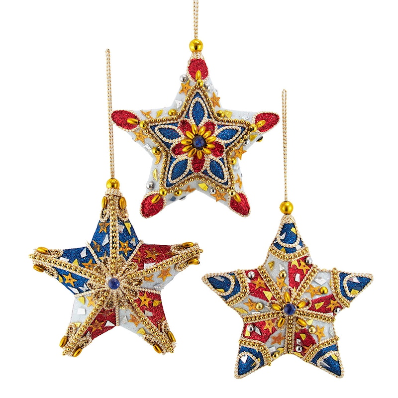 Red, White &amp; Blue Star With Gold Accents Ornaments, 3 Assorted