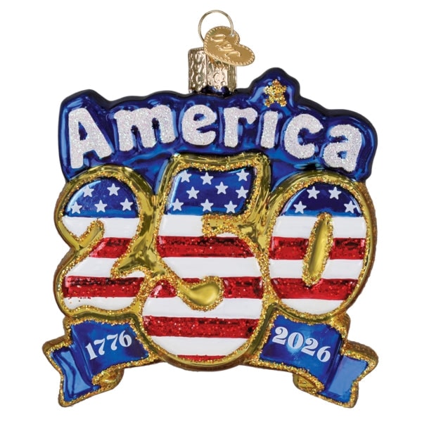 Old World Christmas America 250 Spirit of '76 to '26 glass ornament, front view on a white background