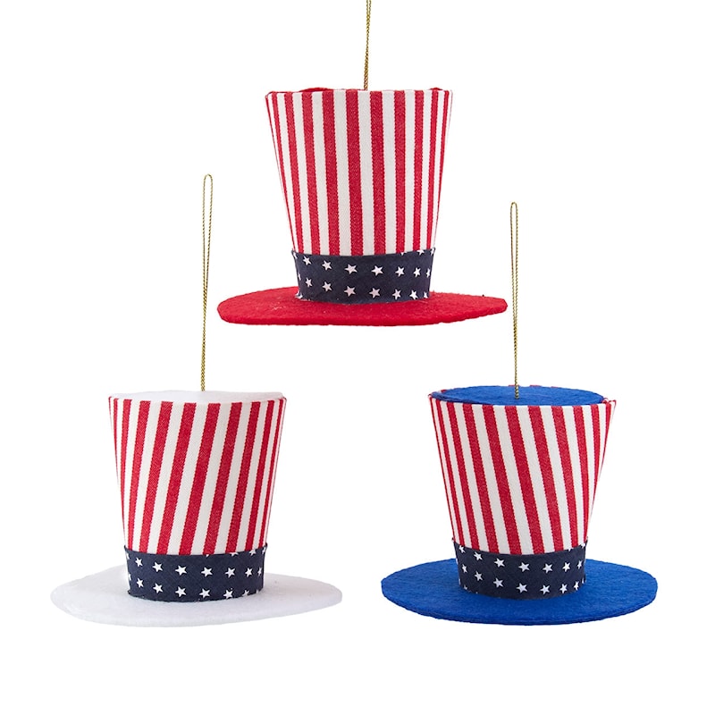 Set of 3 patriotic stars and stripes hat ornaments in red white and blue