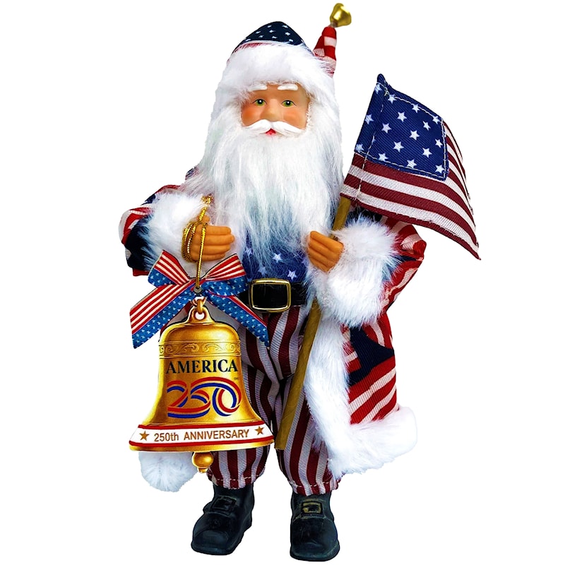 9-inch America's 250th Celebration Santa figurine in a stars-and-stripes coat, holding an American flag and a gold America 250 anniversary bell