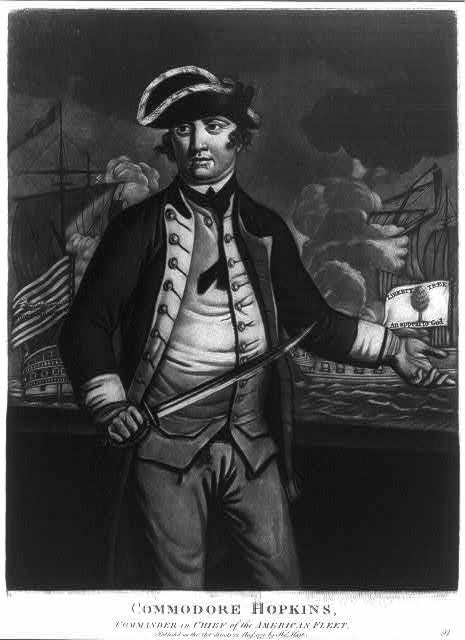 Commodore Hopkins, commander in chief of the American Fleet, mezzotint published in London by Thomas Hart, August 22, 1776. Library of Congress LC-USZ62-19219.