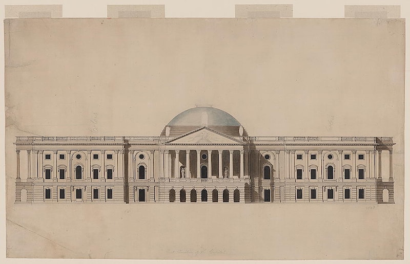 William Thornton’s ca. 1793 east elevation of the U.S. Capitol, low dome. Library of Congress, LC-DIG-ppmsca-07219. No known restrictions on publication.
