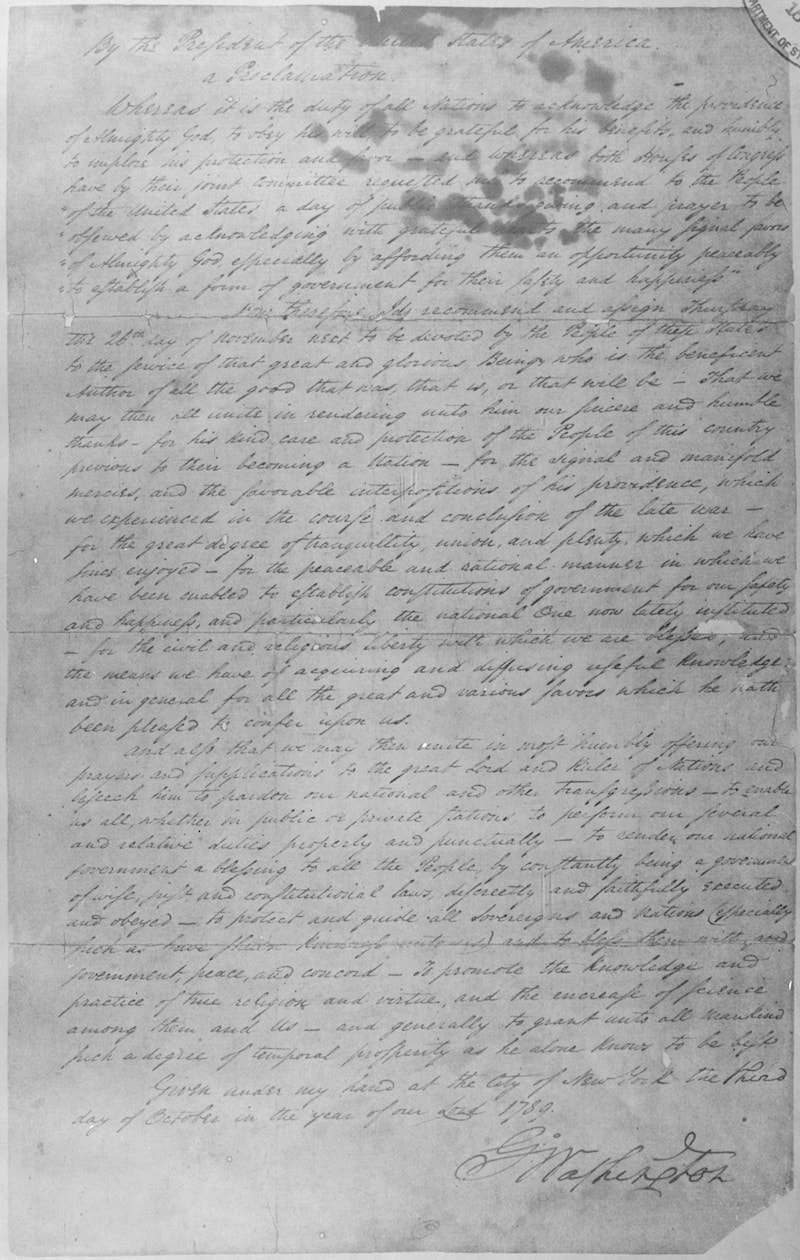 George Washington's signed Thanksgiving Proclamation, October 3, 1789. National Archives, NAID 299956.