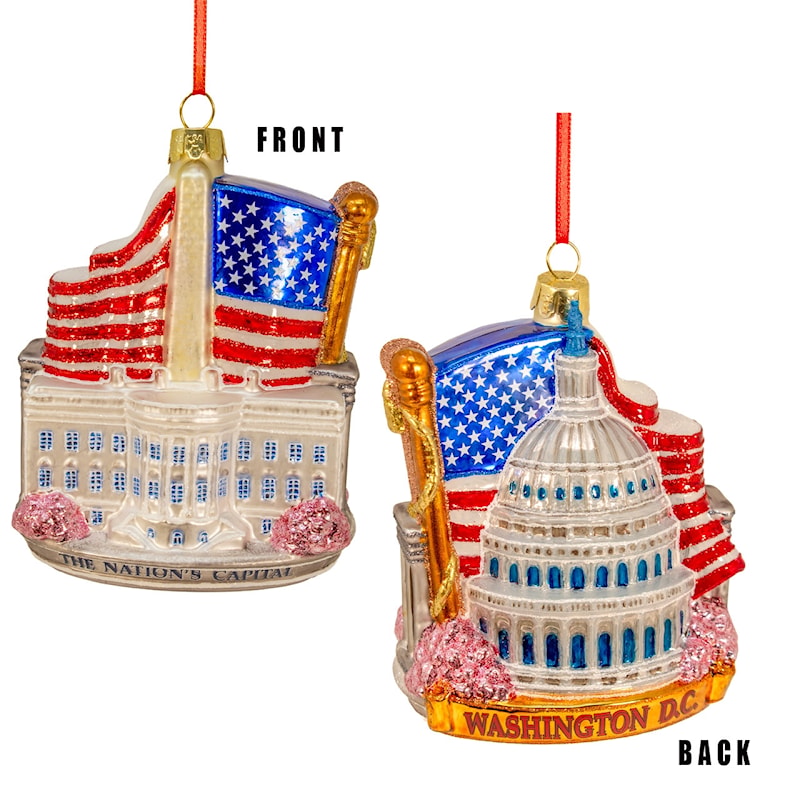 Glass Washington DC cityscape ornament with White House, Lincoln Memorial, Washington Monument and cherry blossoms
