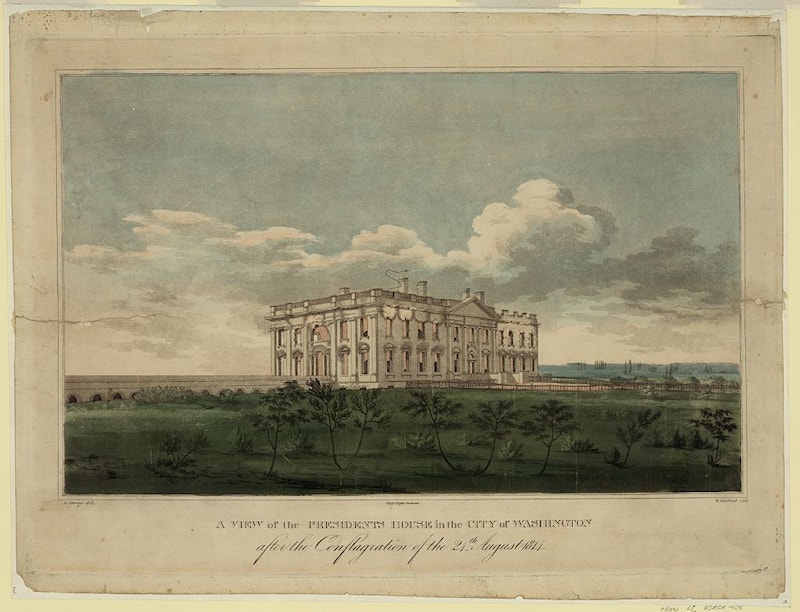 William Strickland after George Munger, A View of the Presidents House in the City of Washington after the Conflagration of the 24th August 1814. Aquatint, 1814. Library of Congress, no known restrictions on publication.