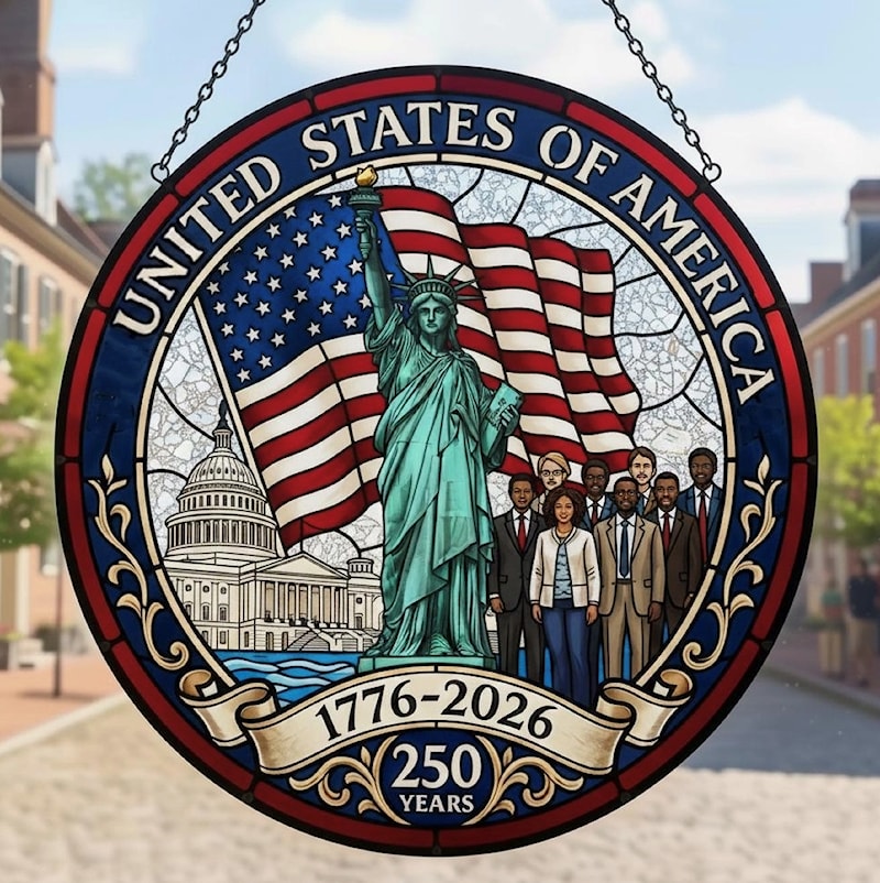 USA 250th Anniversary Statue of Liberty Stained Glass Suncatcher